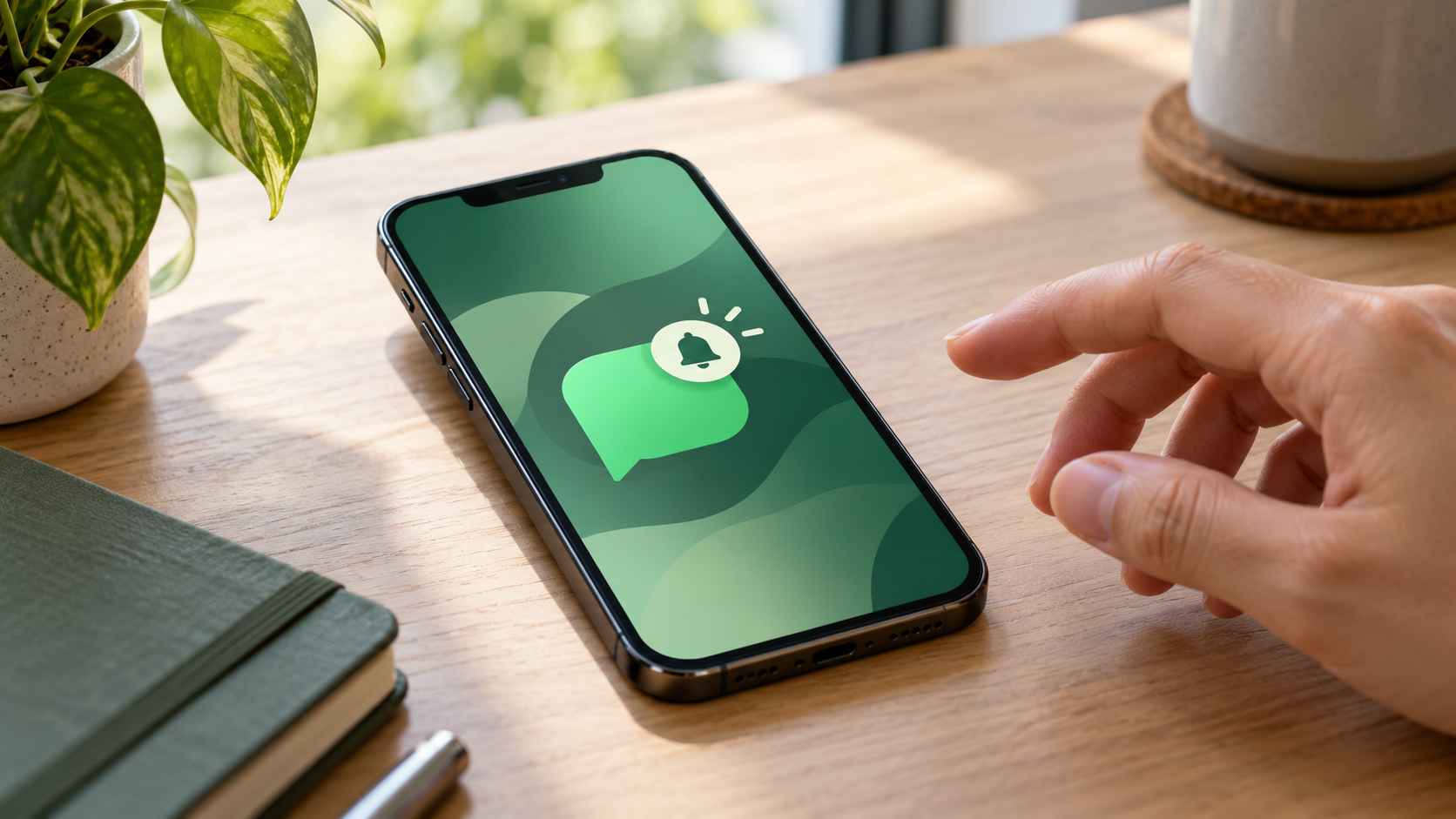 Smartphone su una scrivania con fumetto verde e simbolo di notifica sullo schermo, mentre una mano si avvicina